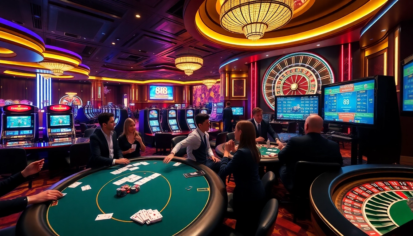 Engaging scene of a lively casino floor highlighting 88i poker tables with players and vibrant slot machines.