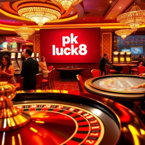 Experience the excitement of pk luck8 with a luxurious casino environment featuring roulette and poker tables.