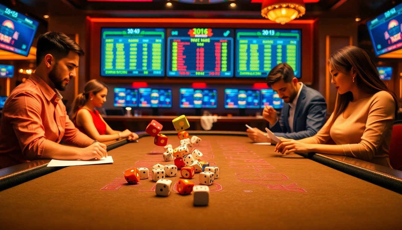 Tài xỉu md5 table game with players engaged in betting, showcasing vibrant dice and digital displays.