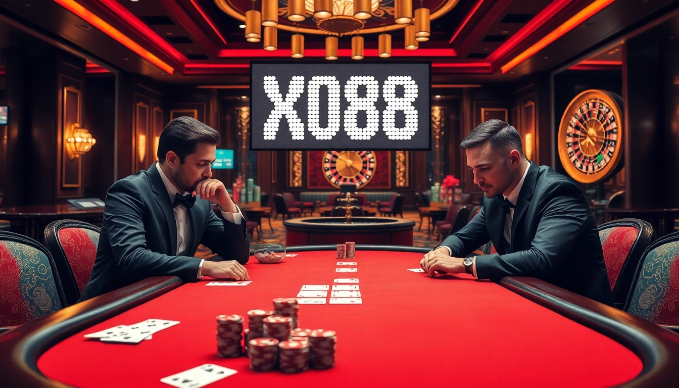 Gambling enthusiasts engaging with the xin88 code at a luxury poker table in a vibrant casino.