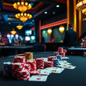 Play poker with vibrant chips and cards at https://dn88.site/, showcasing an exciting casino atmosphere.