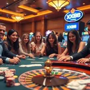 Experience the thrill of XX88 with players enjoying poker and roulette in a luxurious casino setting.