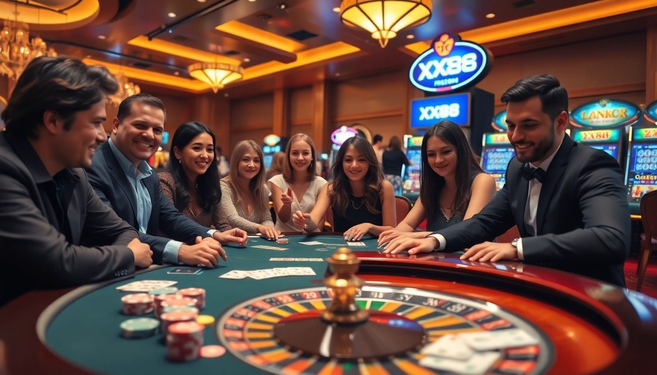 Experience the thrill of XX88 with players enjoying poker and roulette in a luxurious casino setting.
