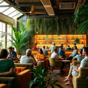 Relaxed patrons enjoying social experience at Weed Club Lloret De Mar with greenery and bright decor.