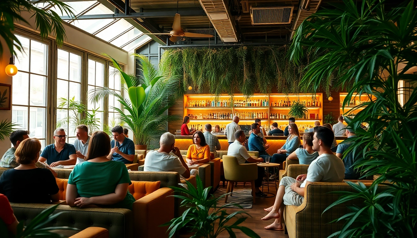Relaxed patrons enjoying social experience at Weed Club Lloret De Mar with greenery and bright decor.