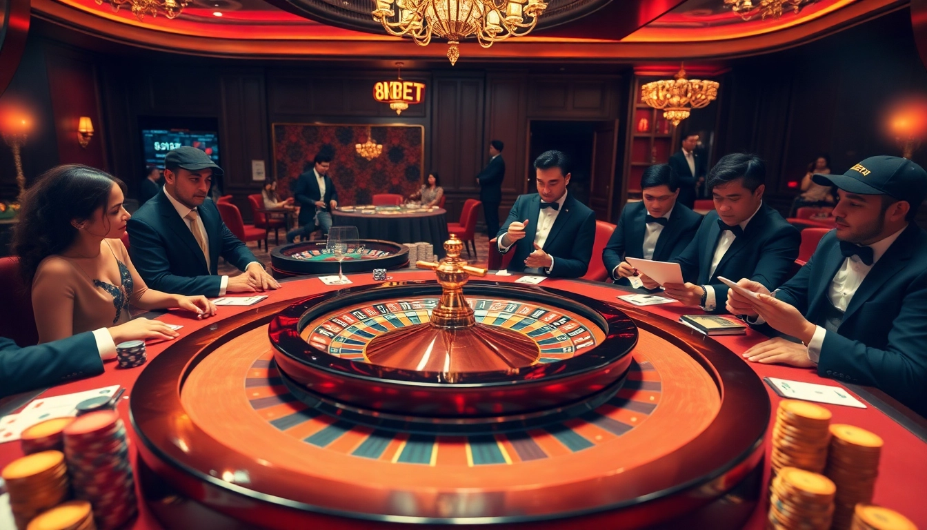 Experience the excitement of roulette at http://8kbetok.com/, where gamblers place bets in a luxurious casino setting.