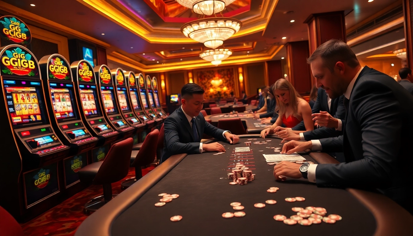 Gambling scene with GG 88 poker table, vibrant slot machines, and excited players.
