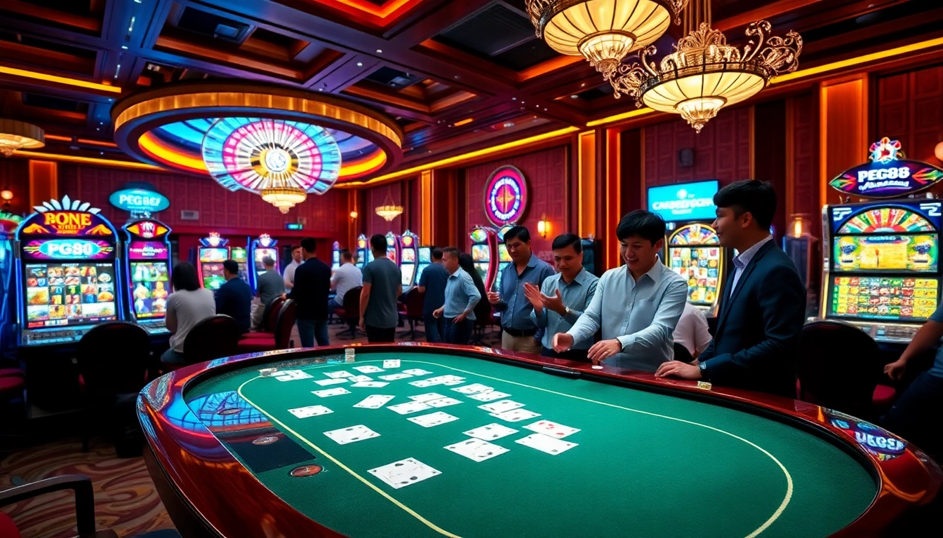 Players engaging in exciting games at PG88 casino, showcasing vibrant slot machines and a roulette table.