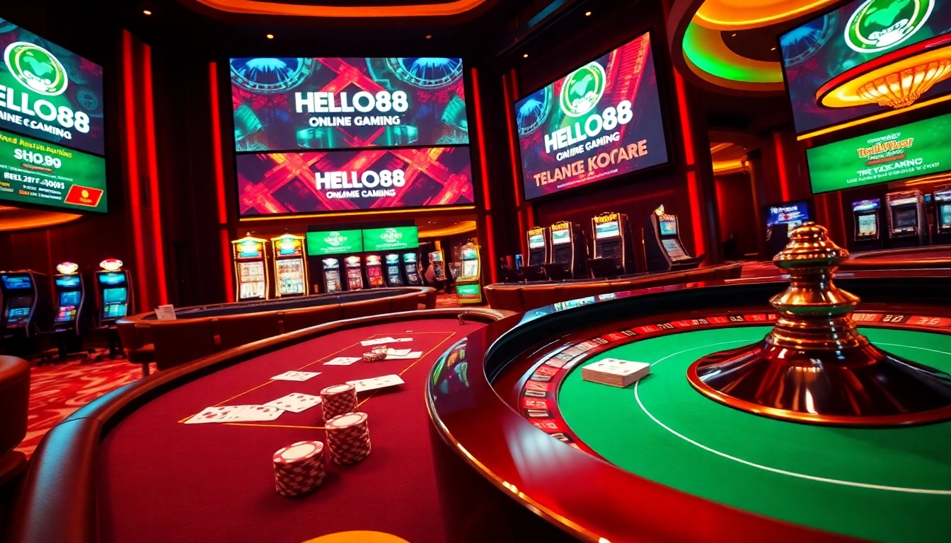 Engaging gambling atmosphere featuring HELLO88 logo, poker chips, and roulette wheel.