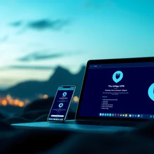 数字设备上显示的快连VPN界面，象征安全与全球互联。