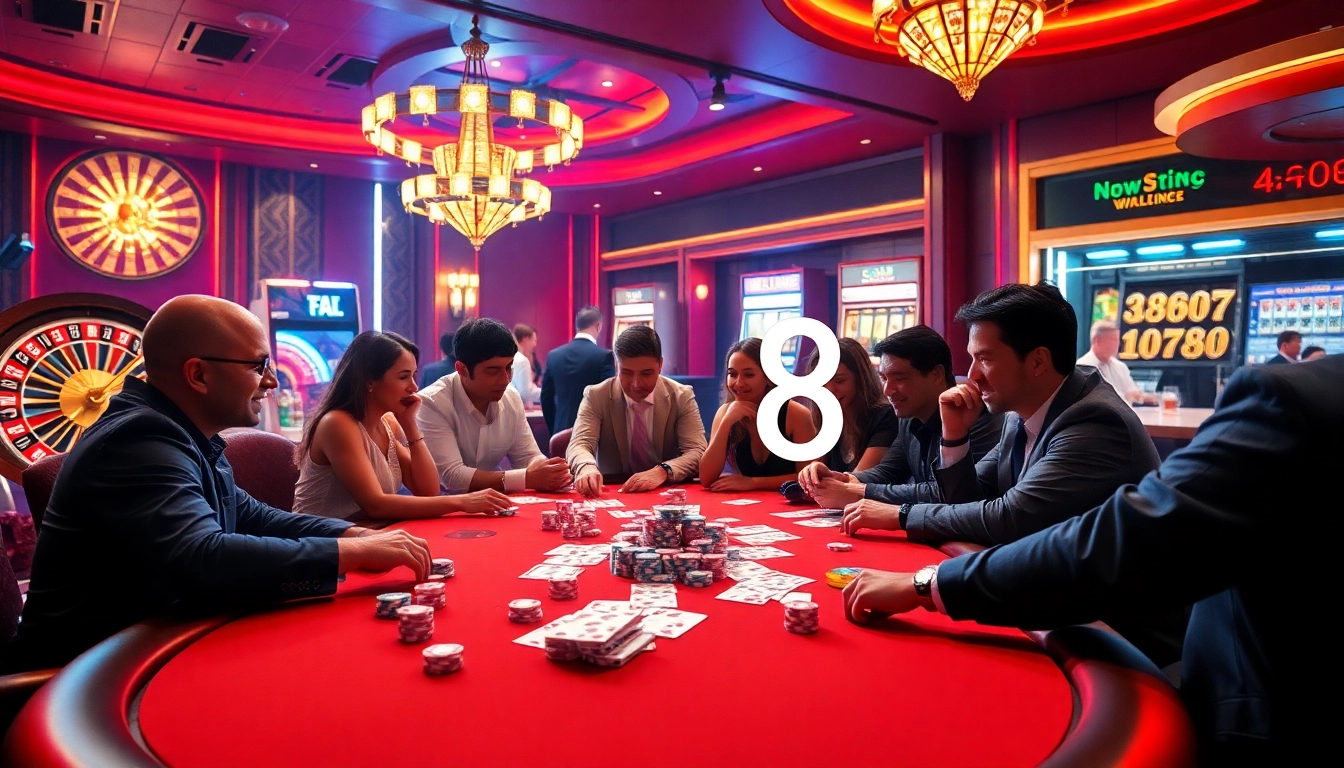 Players strategizing at a go8 poker table amidst a vibrant casino atmosphere with roulette and cocktails.