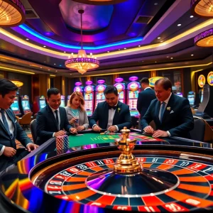 Engaging gamblers at a vibrant casino, highlighting Tập đoàn truyền thông TPJ's innovative approach.