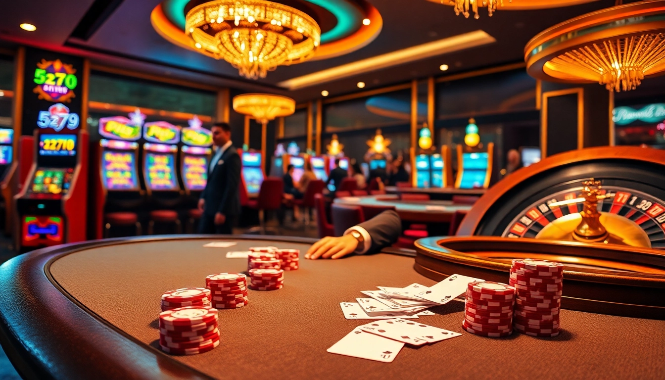 Experience top-tier gambling thrills with 5z777 at a luxurious casino table featuring vibrant poker chips.