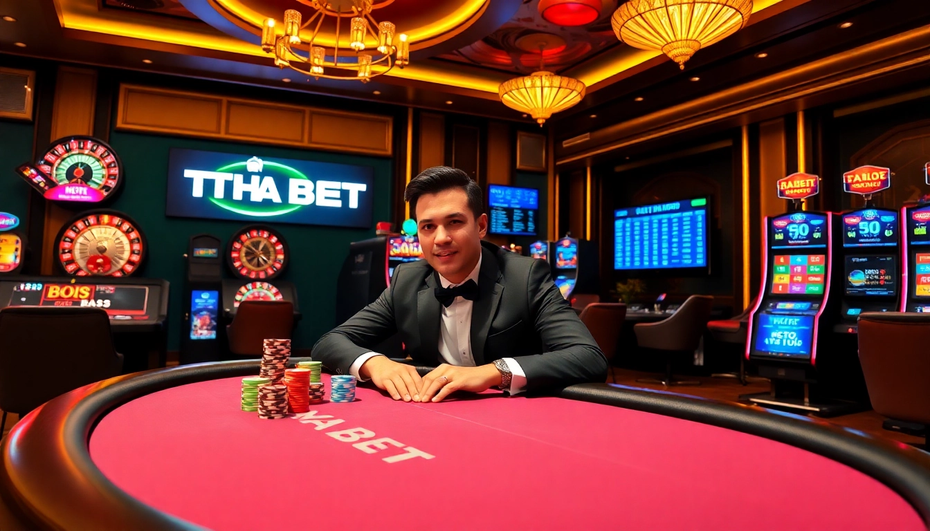 THA BET player engaged in poker at a luxurious casino table with vibrant gambling elements.