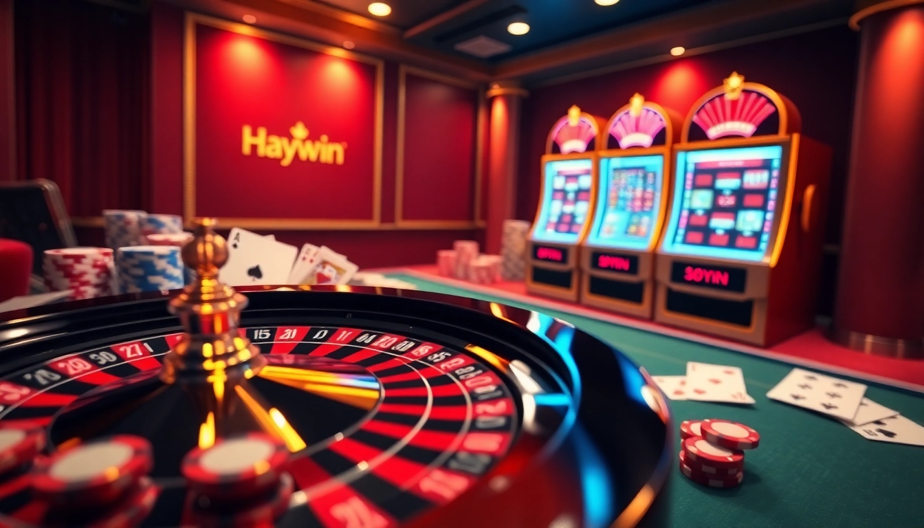 Experience Haywin's thrilling online gambling environment with vibrant casino visuals, roulette wheels, and slot machines.