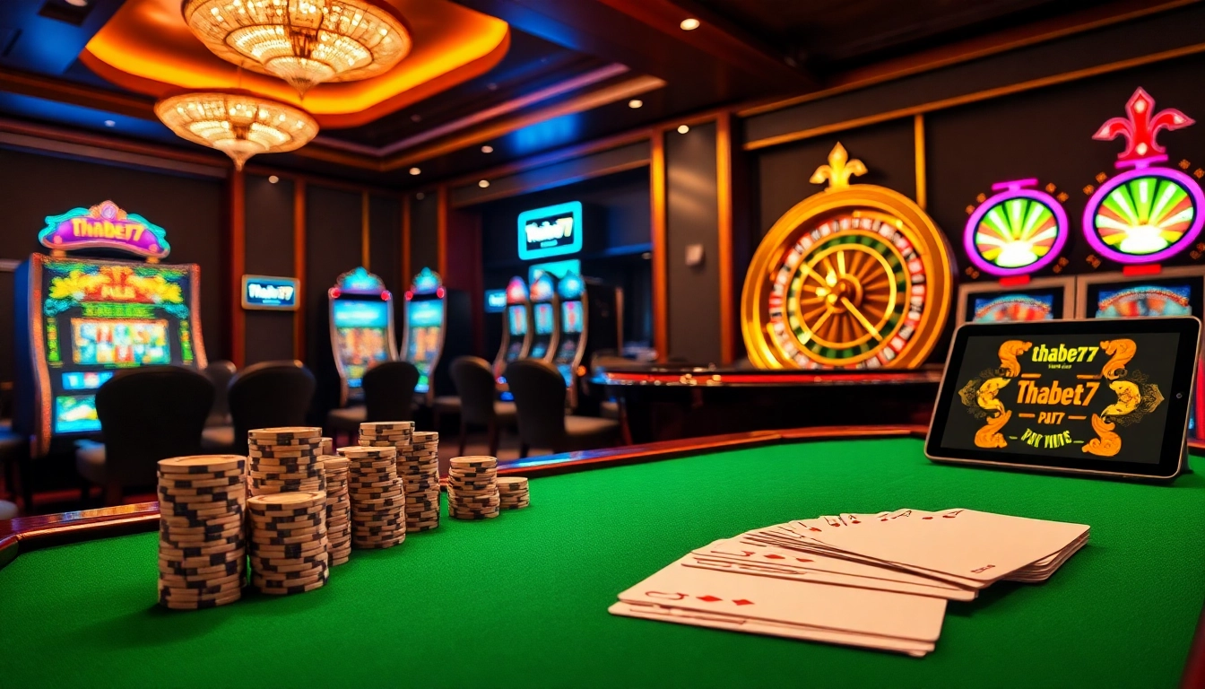 Experience the thrill of thabet77 online gambling at a luxurious casino table with poker chips and cards.