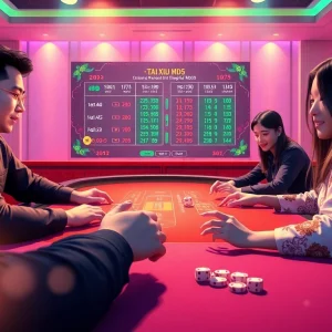 Tài Xỉu MD5 gaming atmosphere with players, dice, and betting excitement.
