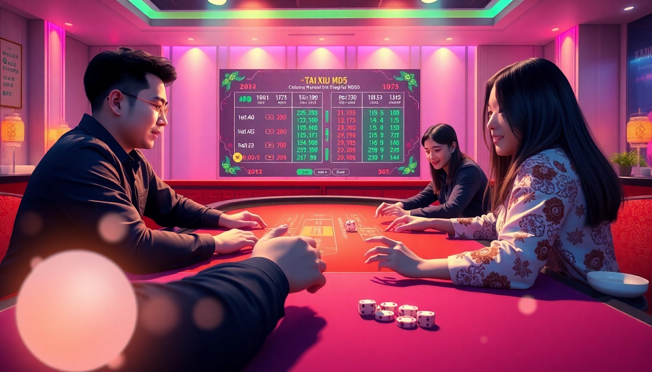 Tài Xỉu MD5 gaming atmosphere with players, dice, and betting excitement.