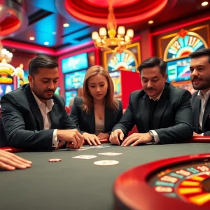 Players enjoying an exciting game bài at a luxurious casino table filled with poker chips and cards.