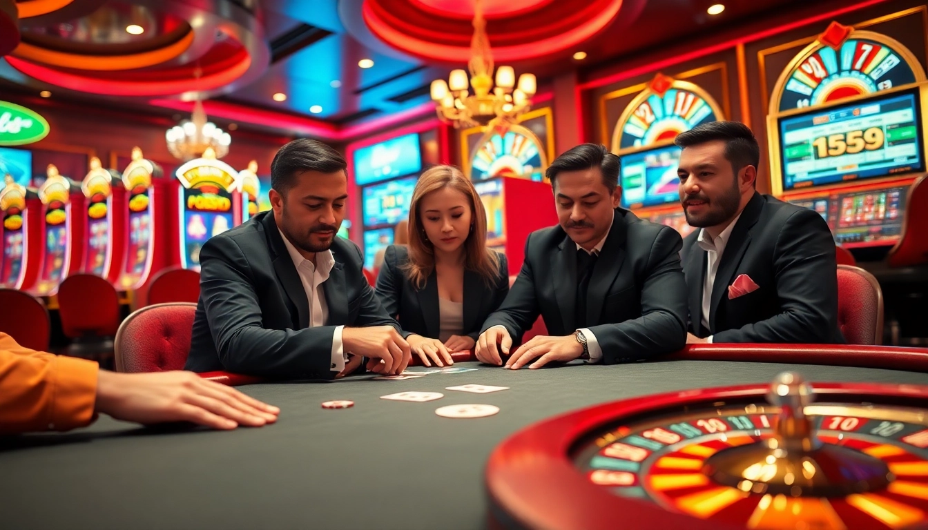 Players enjoying an exciting game bài at a luxurious casino table filled with poker chips and cards.