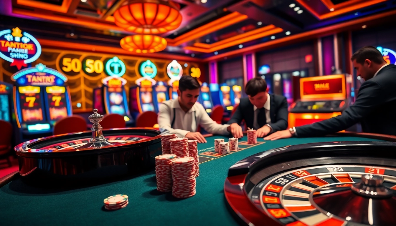 Engaged players at a casino table showcasing Trang chủ NK88 with vibrant poker gameplay and roulette.