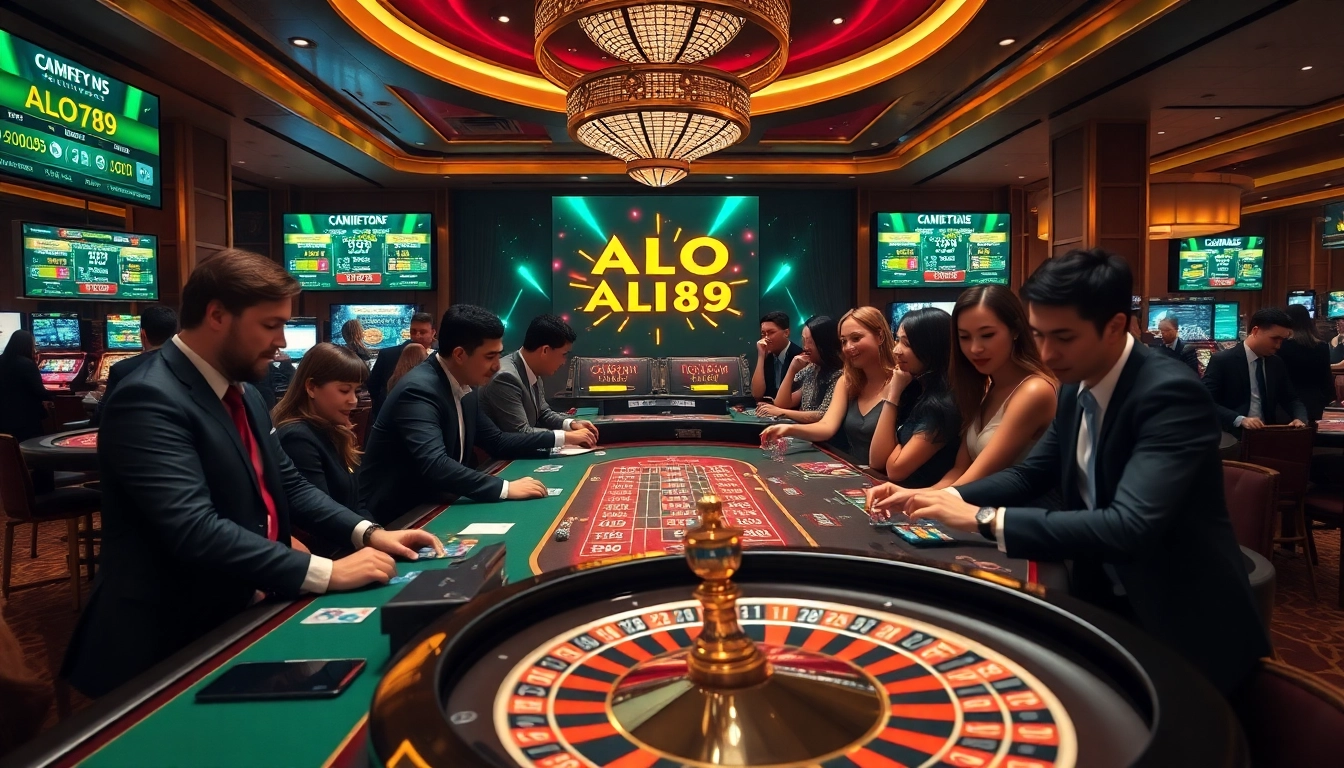 Gamblers enjoying a high-stakes game at ALO789 casino, featuring vibrant tables and cards.