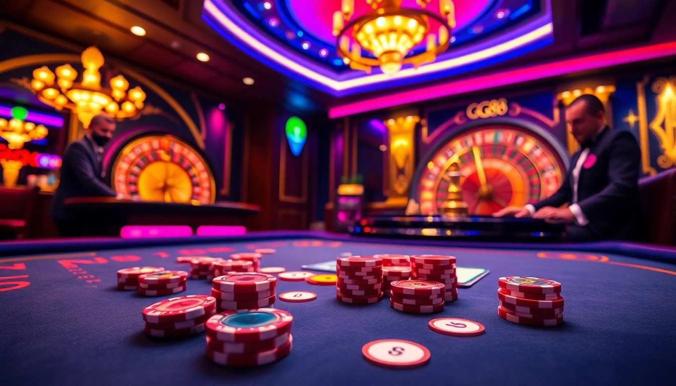 Experience high-stakes gaming at GG88 with a vibrant casino table and professional dealer.