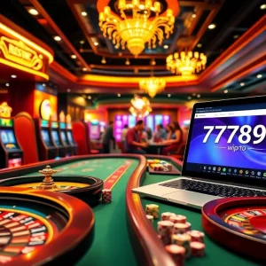 A vibrant online gambling scene featuring the homepage of https://77789vip.com/ with excited players at casino tables.