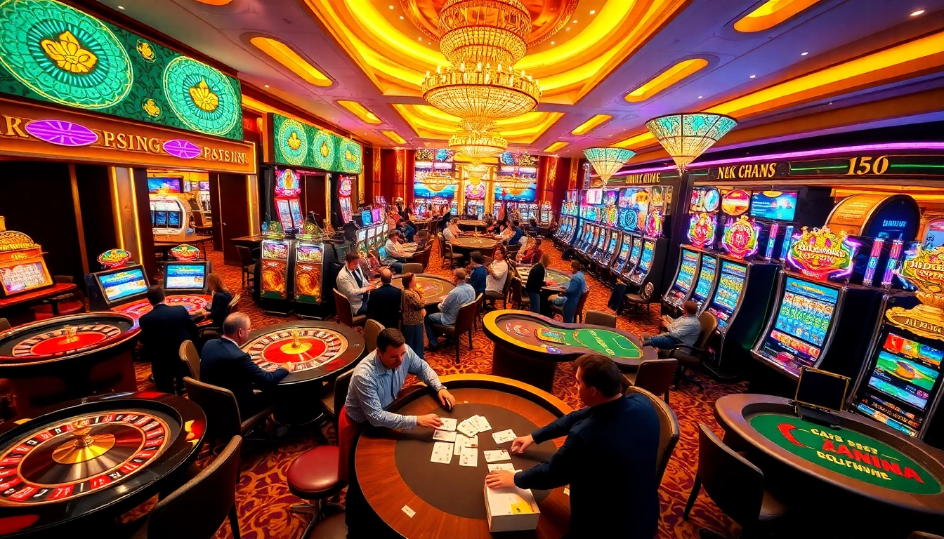 Engaging scene of a bustling casino with Nhà cái KP88 gaming tables and vibrant atmosphere.