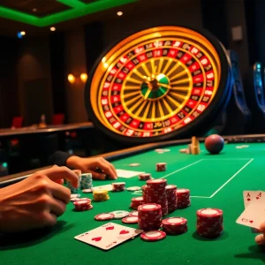 Players engage in a thrilling rr 99 poker game amidst a vibrant casino atmosphere.