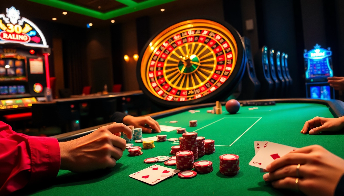 Players engage in a thrilling rr 99 poker game amidst a vibrant casino atmosphere.