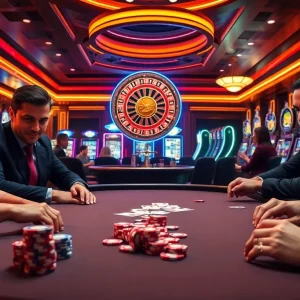 A thrilling poker game at a luxurious casino, reflecting the essence of https://bl555.design/ with vibrant chips and captivating gameplay.