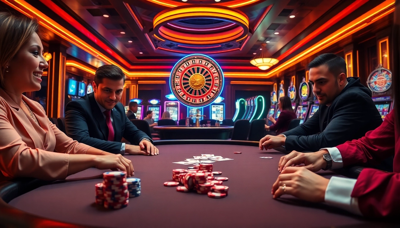 A thrilling poker game at a luxurious casino, reflecting the essence of https://bl555.design/ with vibrant chips and captivating gameplay.