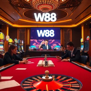 Experience thrilling gameplay at W88 with vibrant casino visuals featuring poker tables and slot machines.