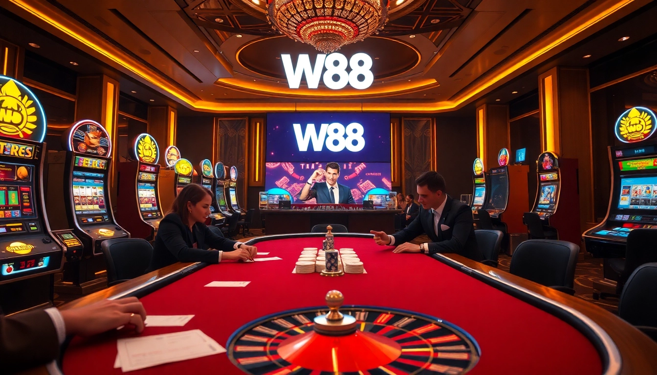 Experience thrilling gameplay at W88 with vibrant casino visuals featuring poker tables and slot machines.