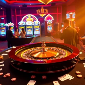 Players engage in exciting roulette gameplay at 789F's luxurious casino, surrounded by vibrant slot machines.