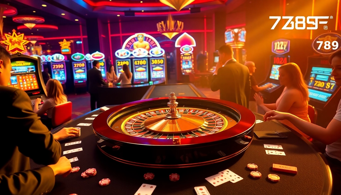 Players engage in exciting roulette gameplay at 789F's luxurious casino, surrounded by vibrant slot machines.