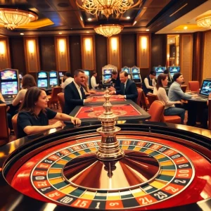 Experience the excitement of gambling at http://228kbet.net/ with a luxury casino setting featuring roulette and diverse players.