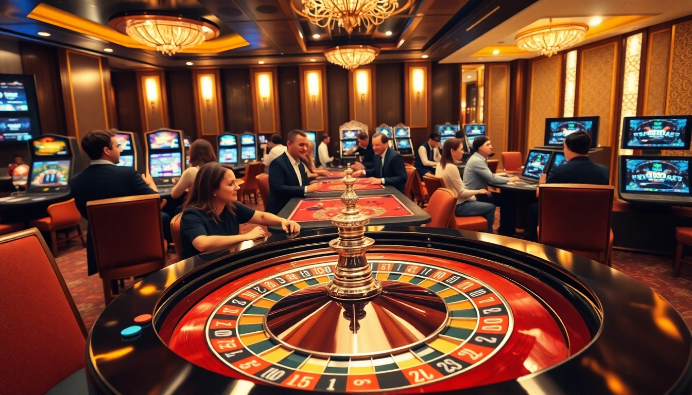 Experience the excitement of gambling at http://228kbet.net/ with a luxury casino setting featuring roulette and diverse players.