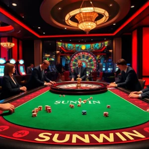 SUNWIN players engaging in a thrilling casino game with poker chips and dice on a luxurious table.