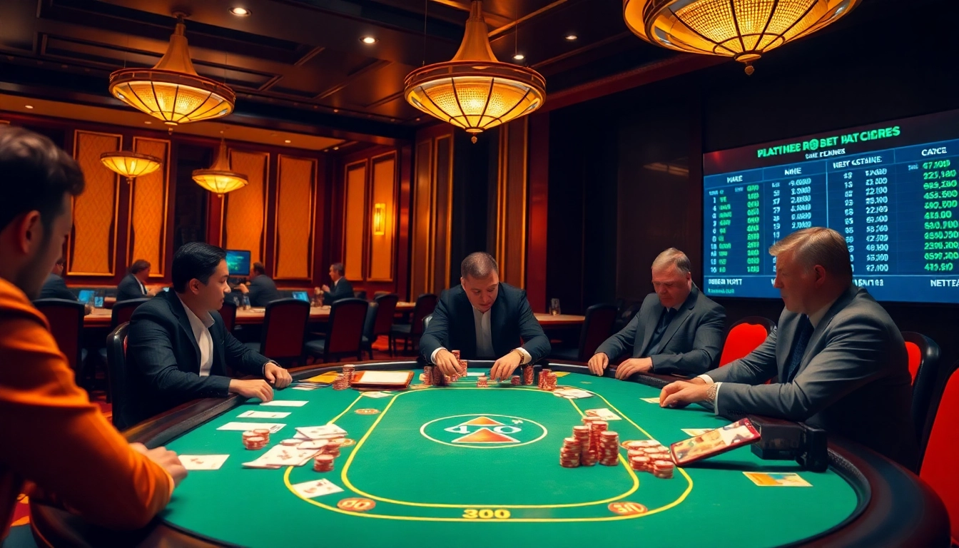 Tỷ lệ bóng đá sports betting scene at a luxurious casino table with vibrant poker chips and betting slips.