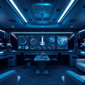 Dynamic office portraying NK88 flight tech with real-time data displays.