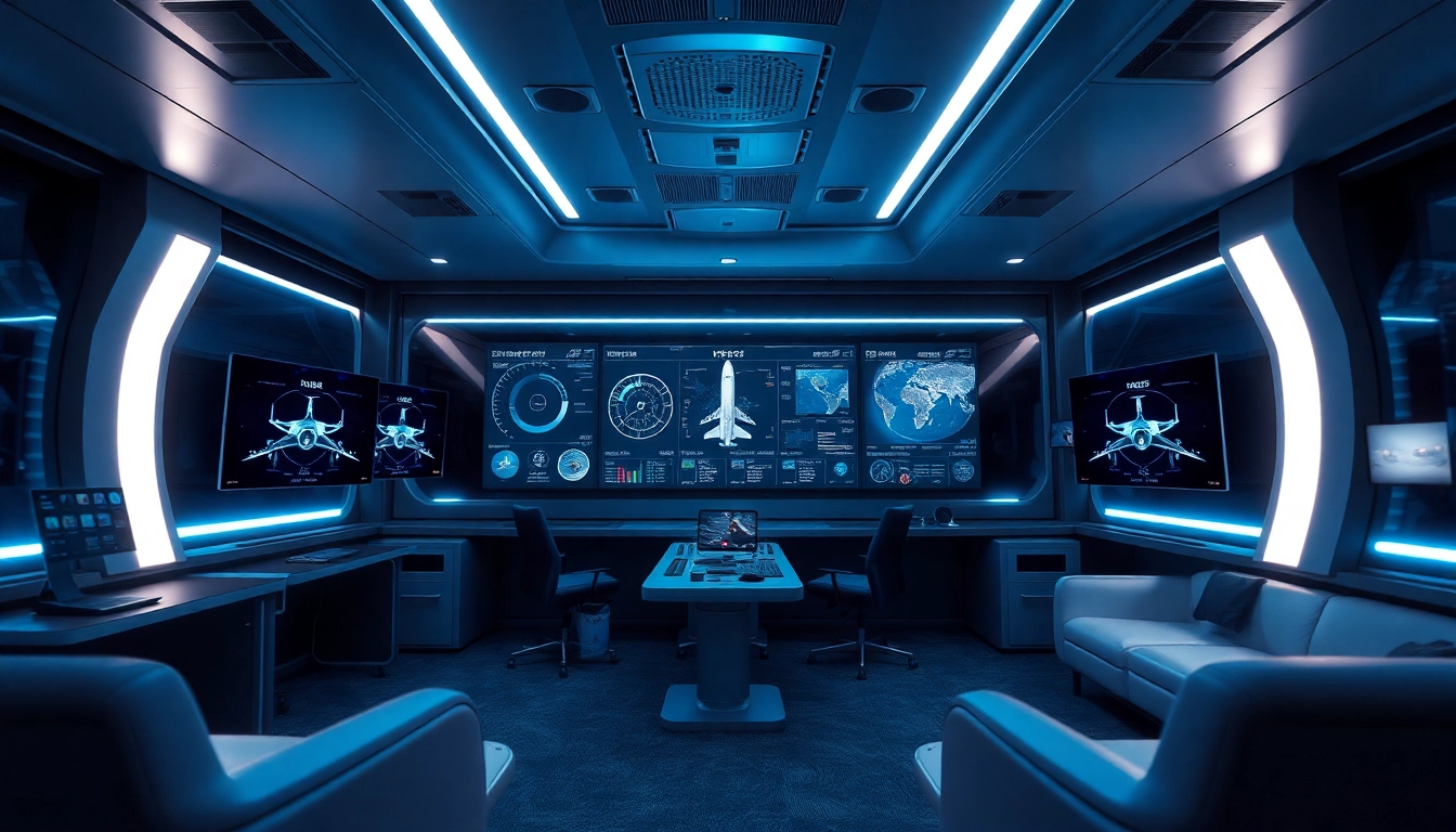 Dynamic office portraying NK88 flight tech with real-time data displays.