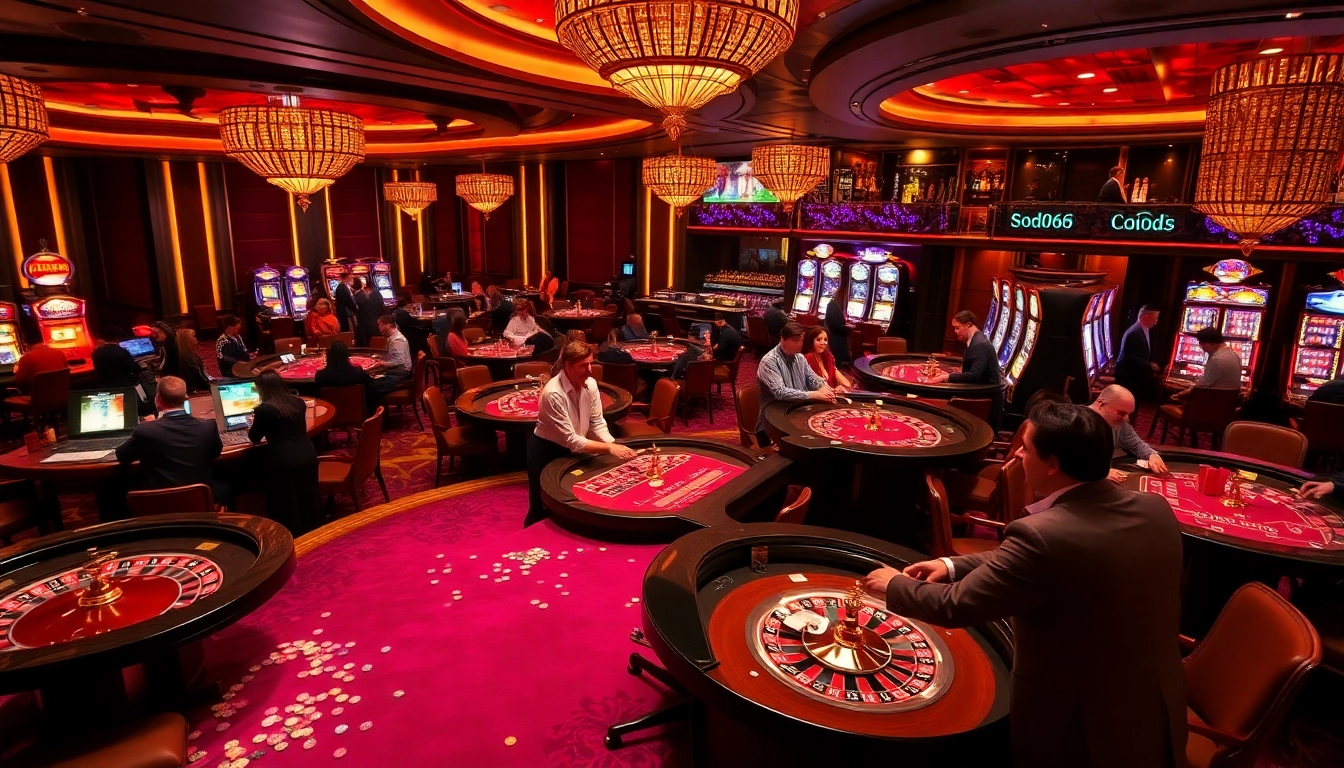 Experience the excitement of SODO66 with vibrant casino tables and players engaging in thrilling games.