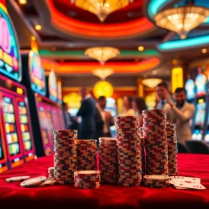 Experience the excitement of nổ hũ with vibrant slot machines and cheerful players at a luxury casino.