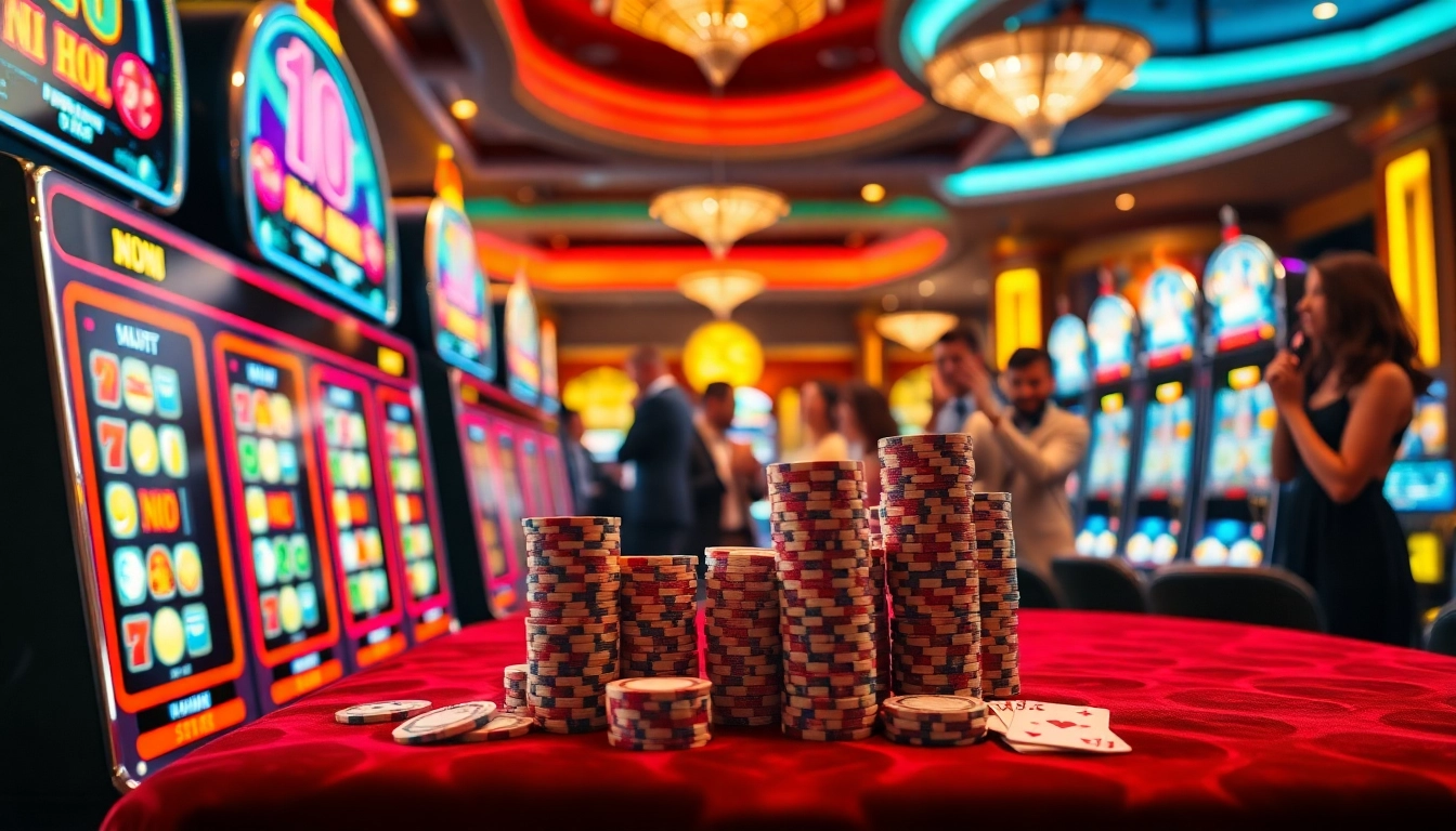 Experience the excitement of nổ hũ with vibrant slot machines and cheerful players at a luxury casino.