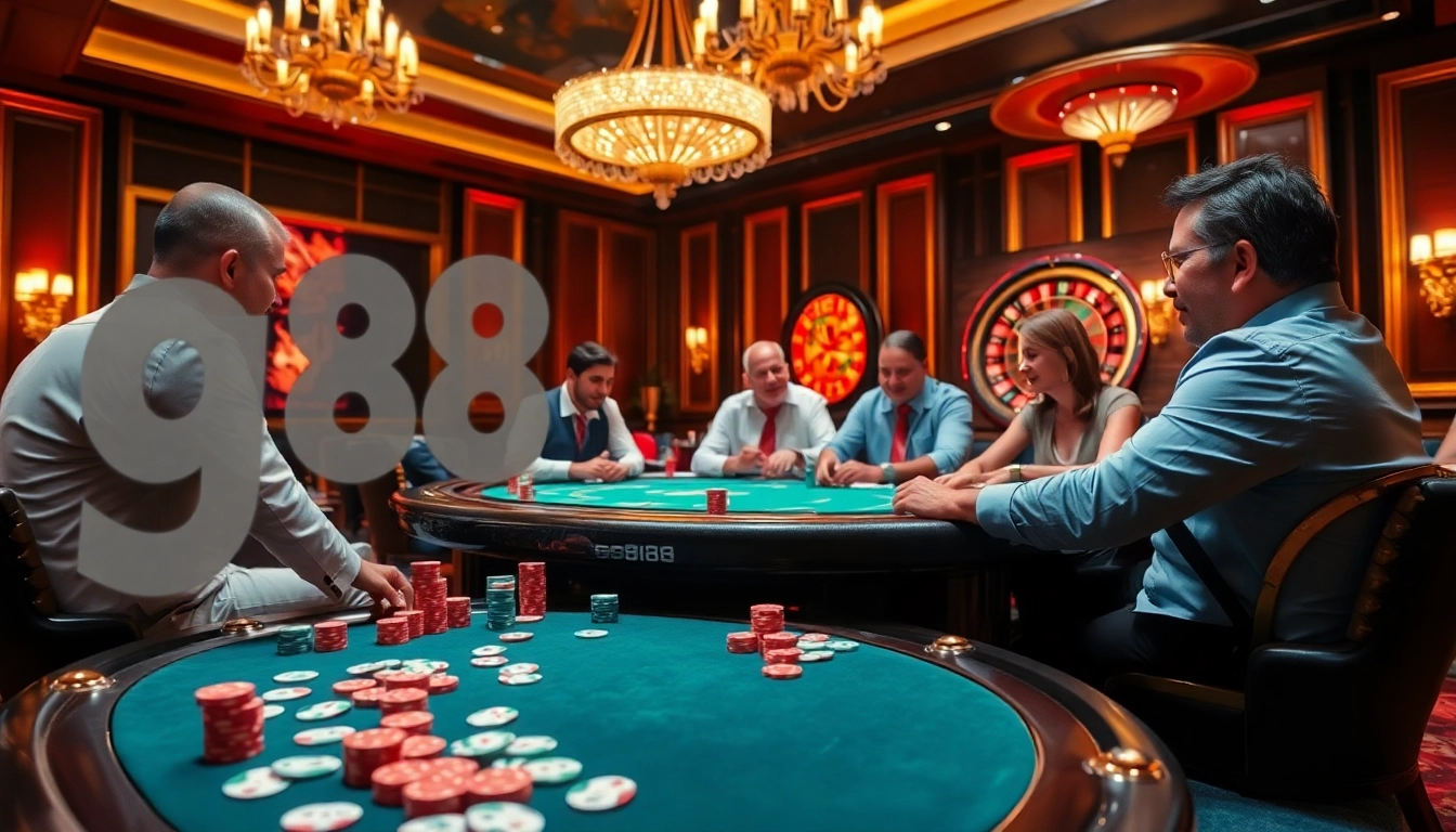 Players enjoying strategic poker at go88 casino table, vibrant colors and excitement captured.