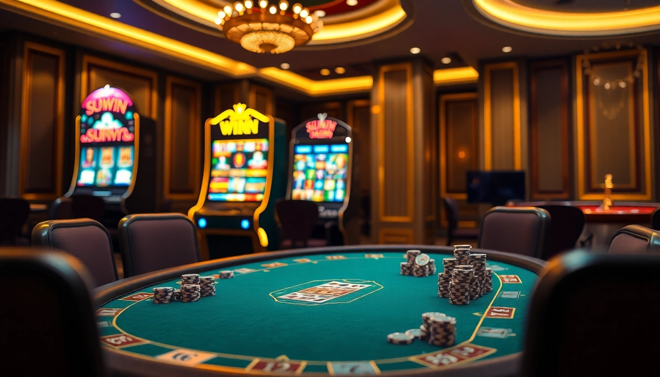 SUNWIN poker table with elegant chips and cards, enhancing the gambling experience.