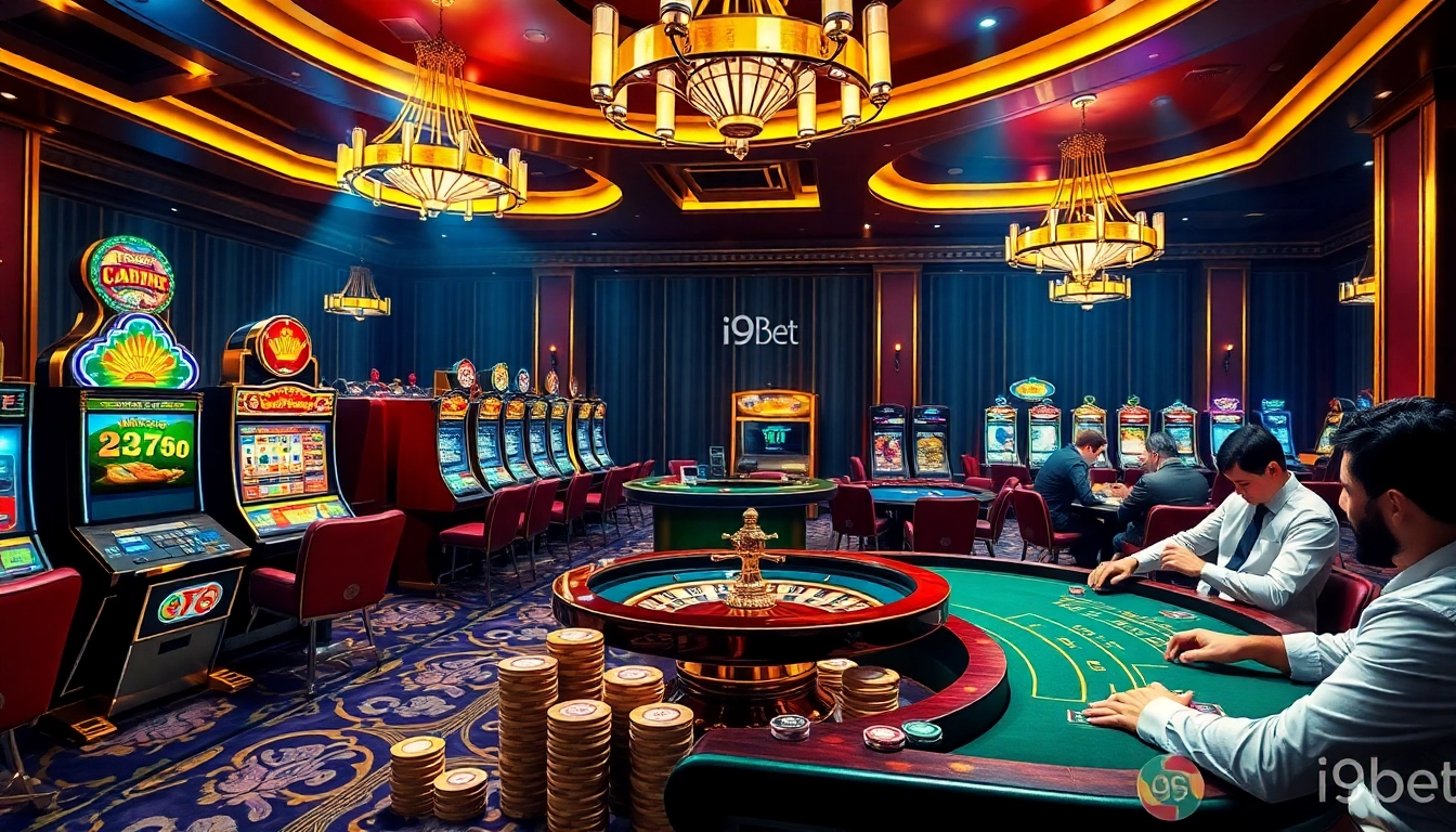 Engage with thrilling gambling experience at i9bet with vibrant casino visuals featuring dice, poker chips, and slot machines.