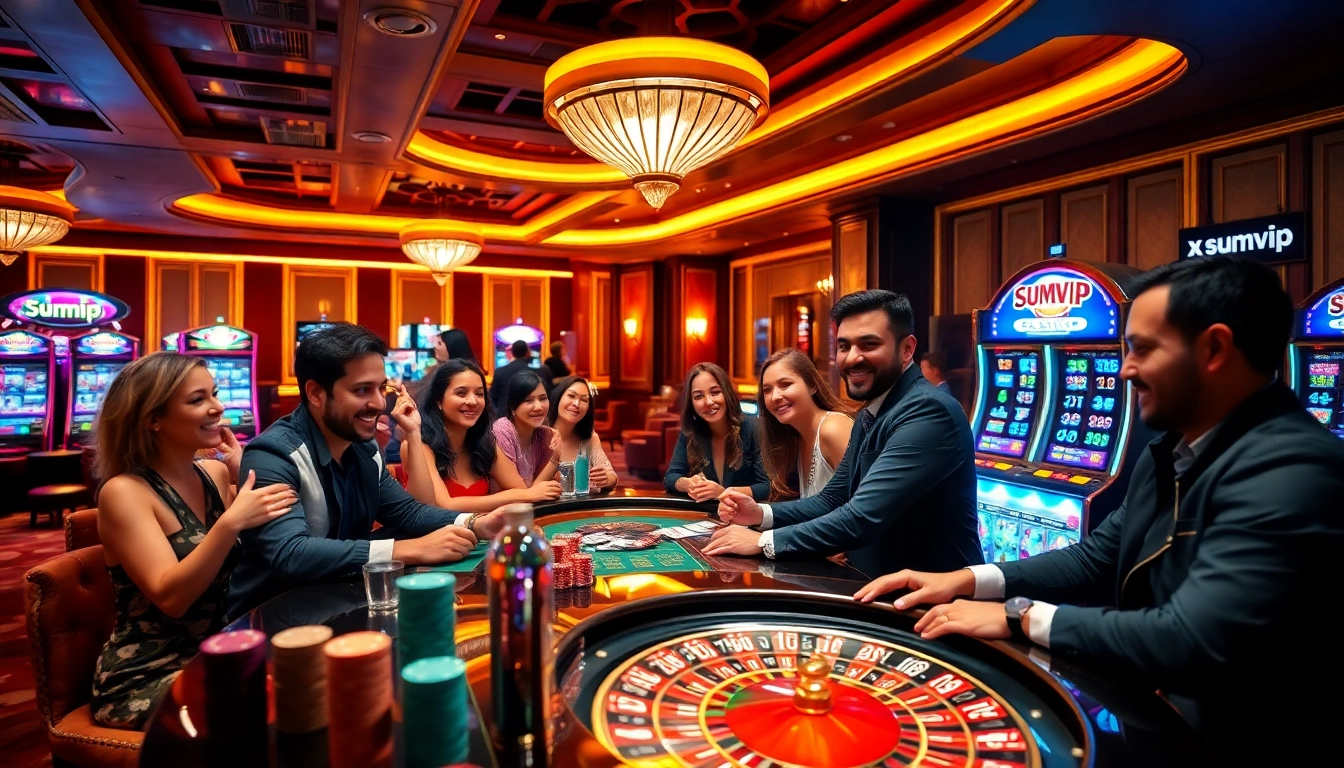 Exciting casino scene featuring diverse players engaged in games, showcasing sumvip branding.